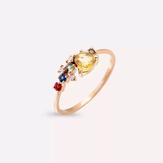 Zoya 0.88 CT Multicolor Safir ve Brown Pırlanta Taşlı Rose Altın Yüzük - 4