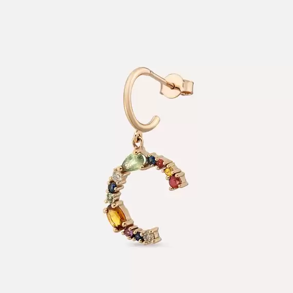 0.74 CT Multicolor Sapphire and Brown Diamond C Letter Single Earring - 4