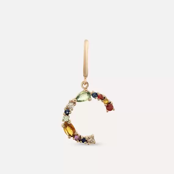 0.74 CT Multicolor Sapphire and Brown Diamond C Letter Single Earring - 1