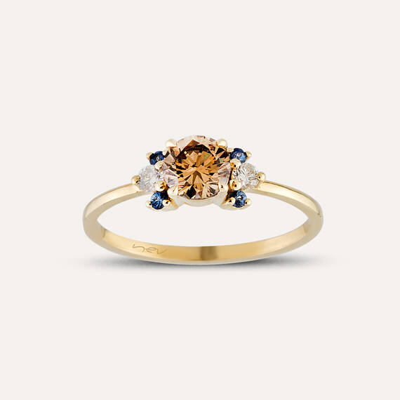 0.69 CT Multicolor Sapphire and Brown Diamond Yellow Gold Ring - 1