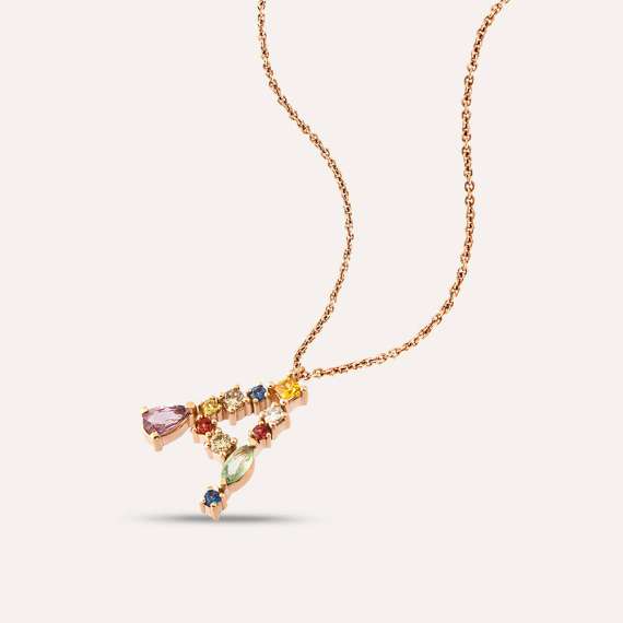 0.71 CT Brown Diamond and Multicolor Sapphire A Letter Pendant - 3