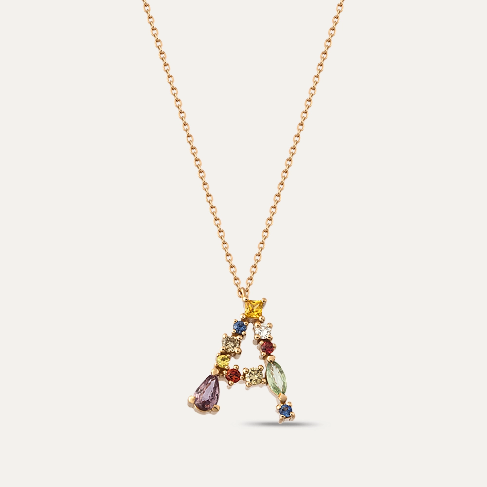 0.71 CT Brown Diamond and Multicolor Sapphire A Letter Pendant - 1