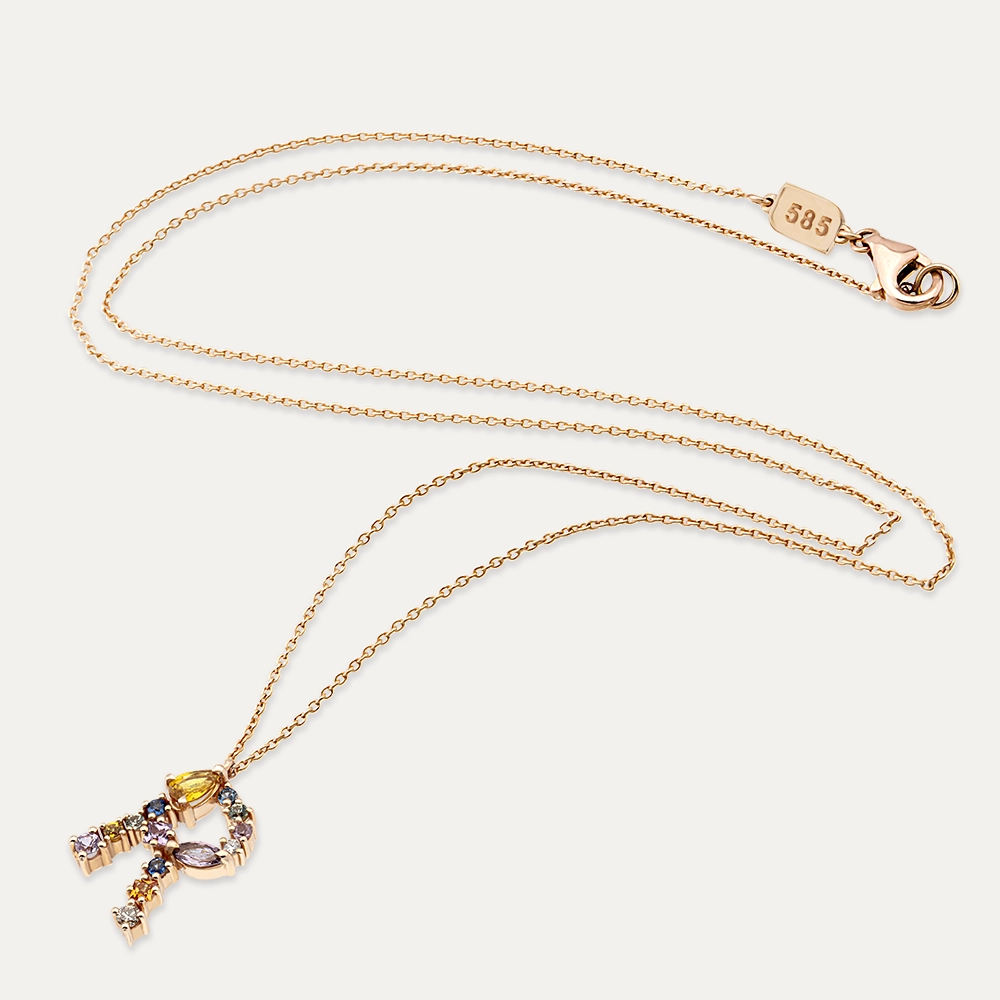 1.00 CT Brown Diamond and Multicolor Sapphire R Letter Pendant - 4