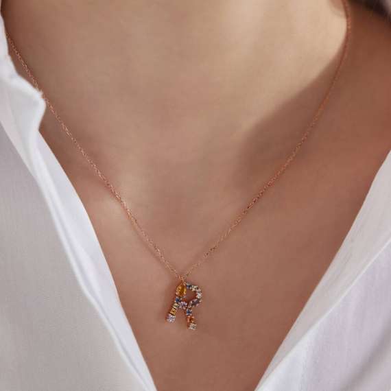 1.00 CT Brown Diamond and Multicolor Sapphire R Letter Pendant - 2