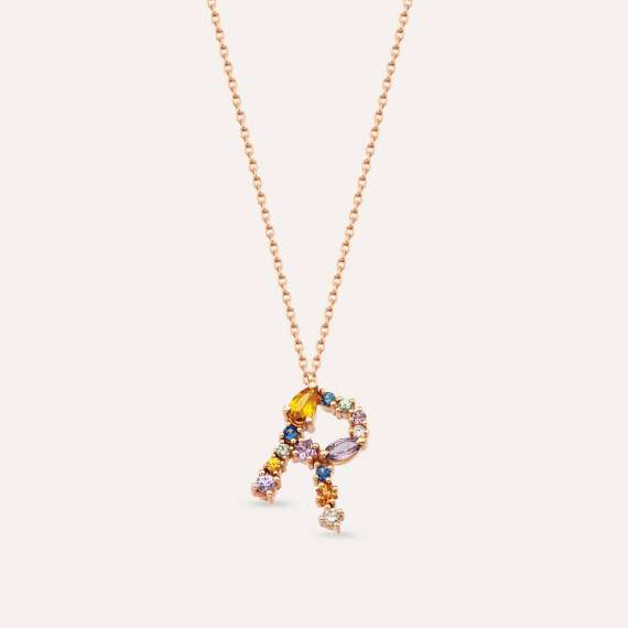 1.00 CT Brown Pırlanta ve Multicolor Safir Taşlı R Harf Kolye - 1