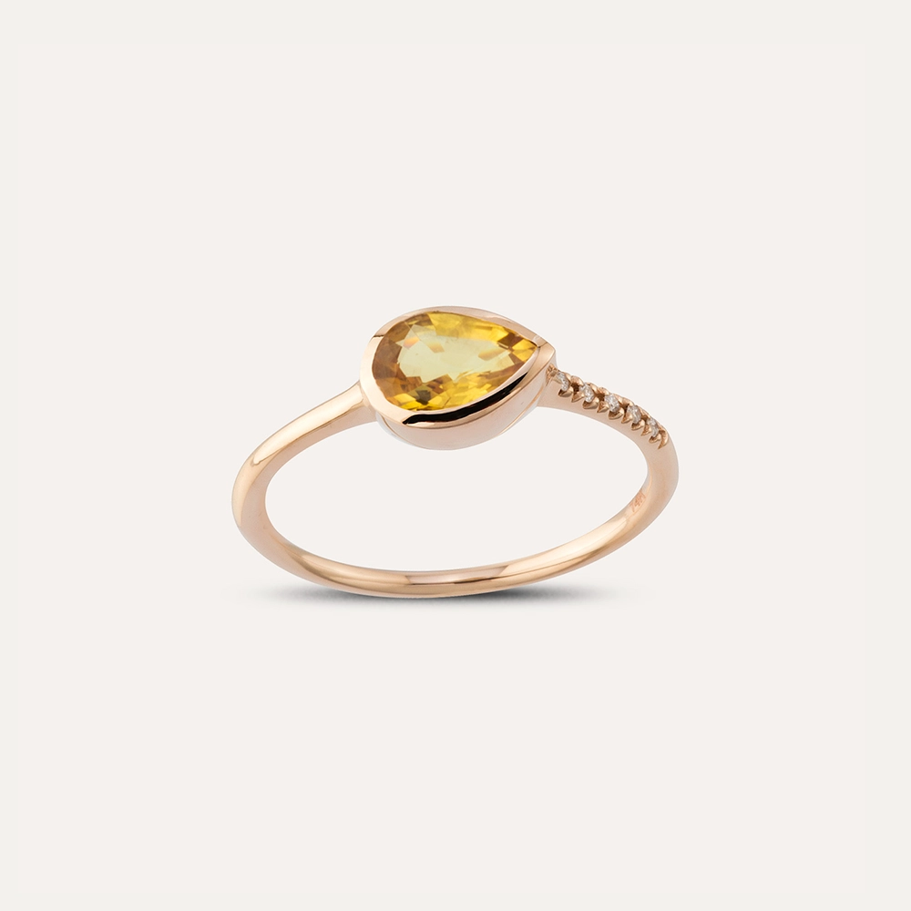 0.77 CT Damla Kesim Yellow Safir ve Pırlanta Taşlı Rose Altın Yüzük - 4