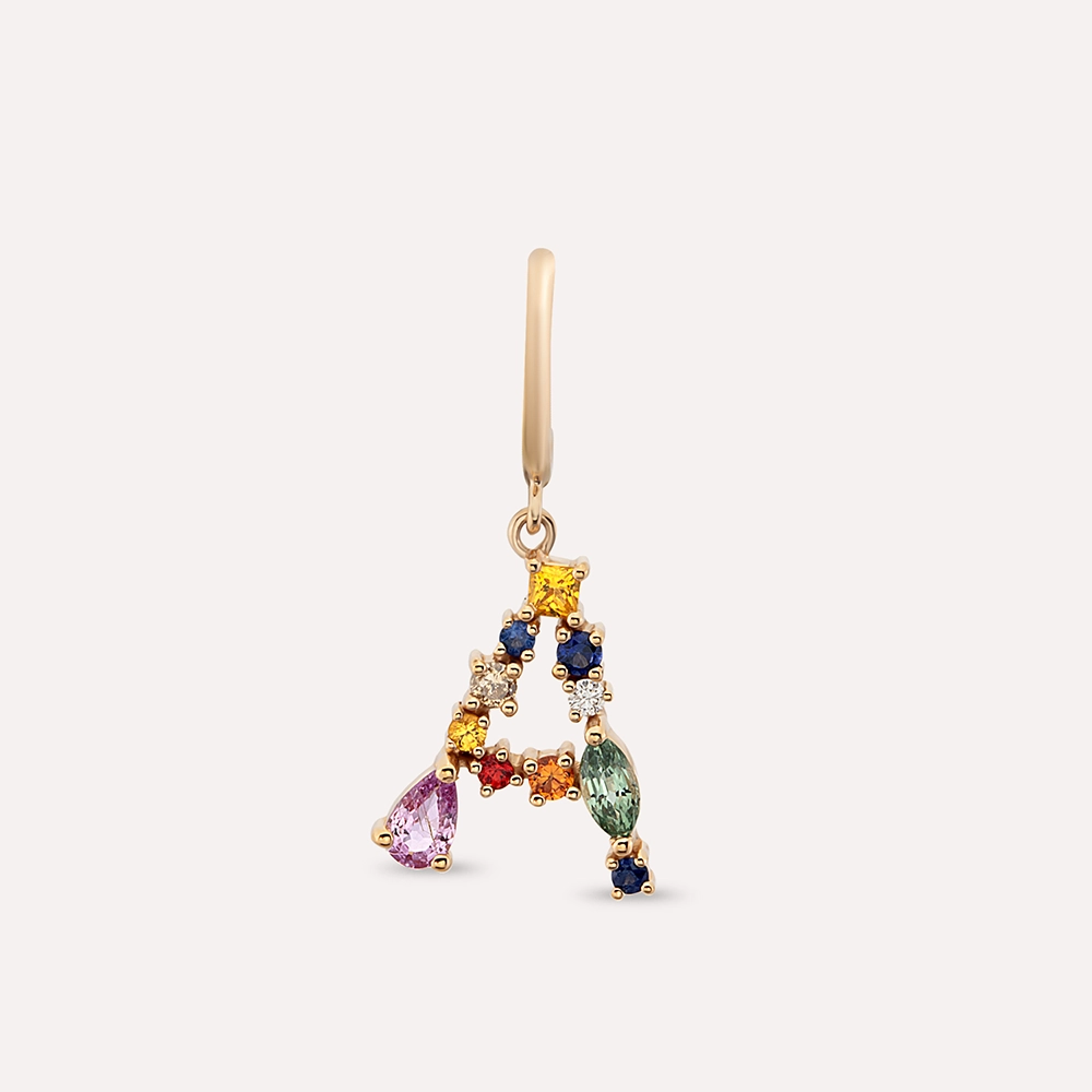 0.78 CT Multicolor Sapphire and Brown Diamond A Letter Single Earring - 1