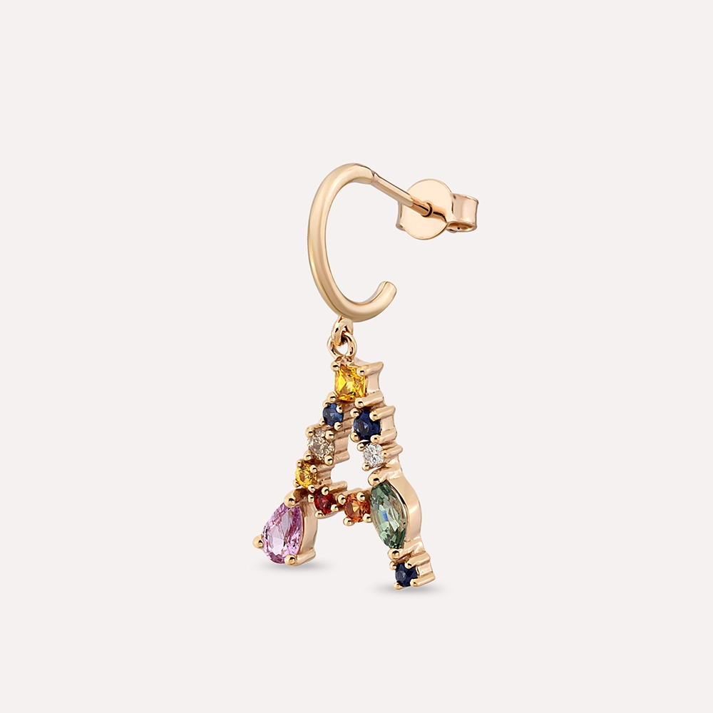 0.78 CT Multicolor Sapphire and Brown Diamond A Letter Single Earring - 5