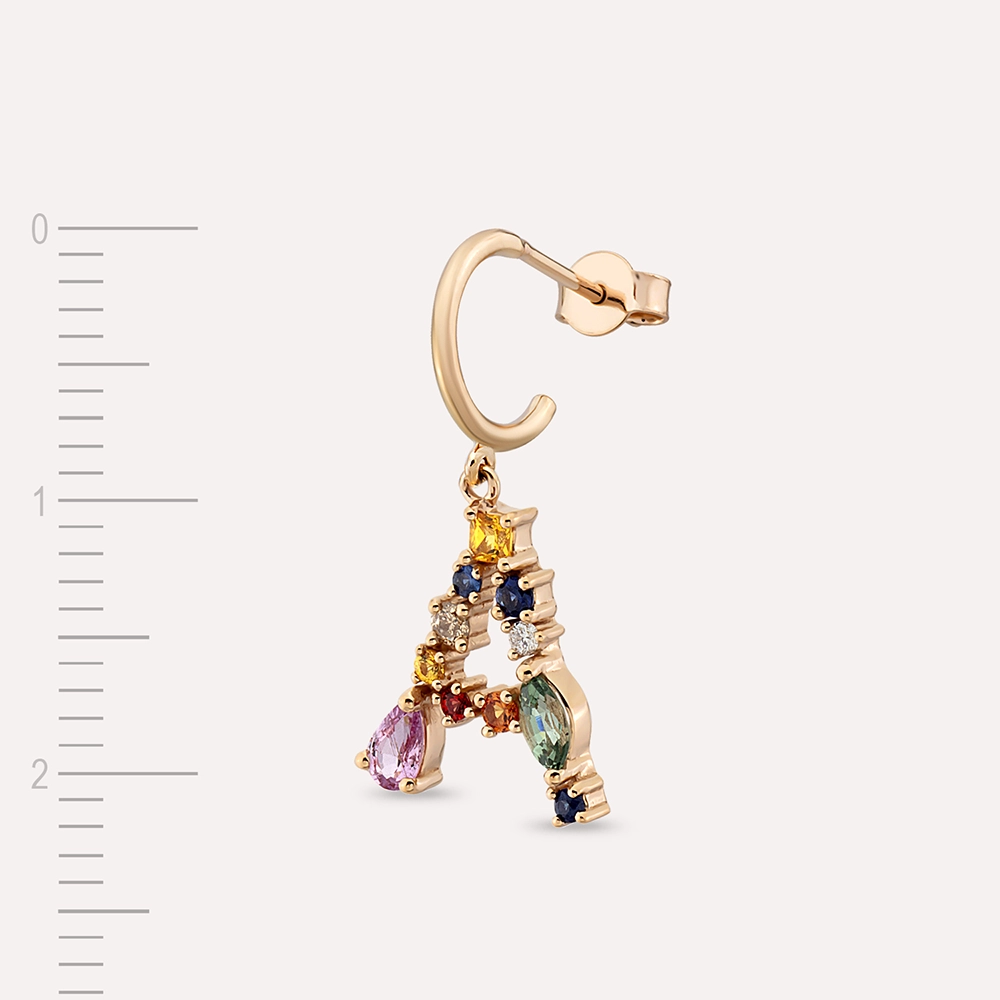 0.78 CT Multicolor Sapphire and Brown Diamond A Letter Single Earring - 7