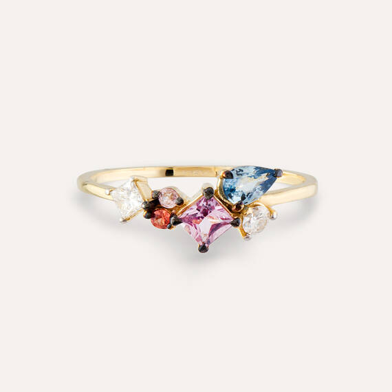 1.00 CT Multicolor Sapphire and Diamond Yellow Gold Ring - 3