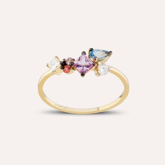 1.00 CT Multicolor Sapphire and Diamond Yellow Gold Ring - 1