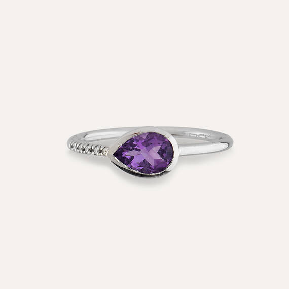 0.78 CT Pear Cut Amethyst and Diamond White Gold Ring - 6