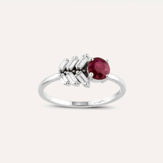0.90 CT Yakut ve Baget Kesim Pırlanta Taşlı Beyaz Altın Yüzük - 1