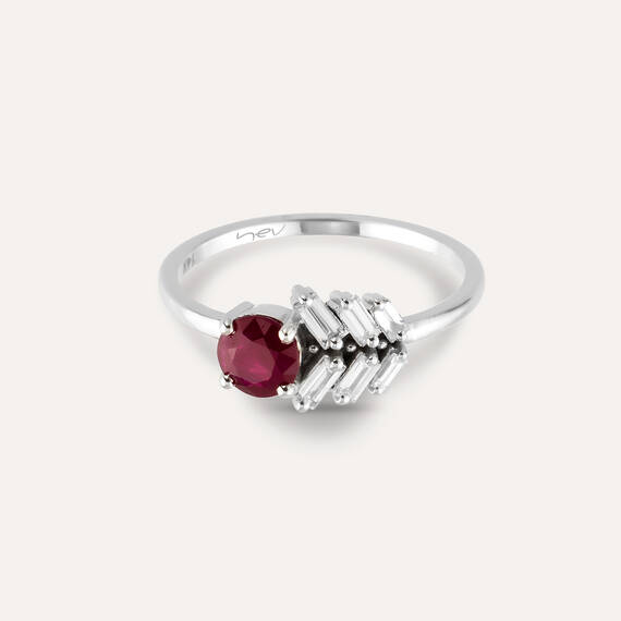 0.90 CT Yakut ve Baget Kesim Pırlanta Taşlı Beyaz Altın Yüzük - 3