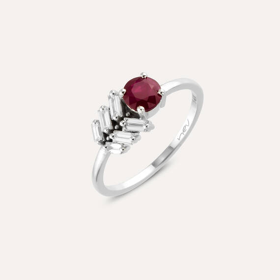 0.90 CT Yakut ve Baget Kesim Pırlanta Taşlı Beyaz Altın Yüzük - 4