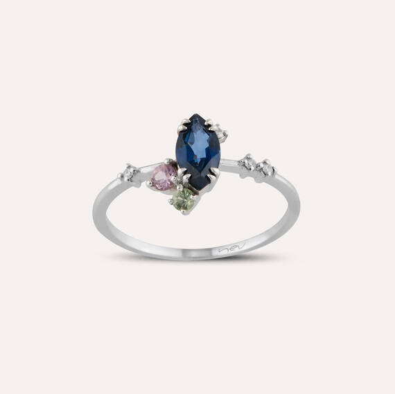 0.82 CT Multicolor Safir ve Pırlanta Taşlı Beyaz Altın Yüzük - 2