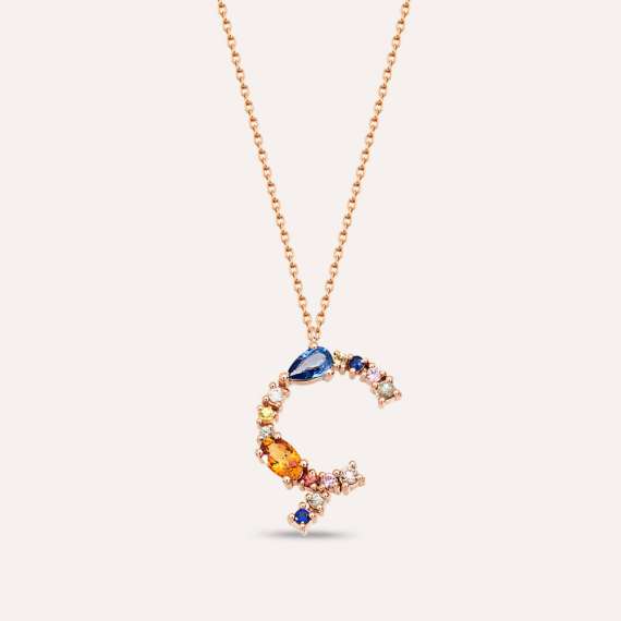 0.81 CT Brown Diamond and Multicolor Sapphire Ç Letter Pendant - 1