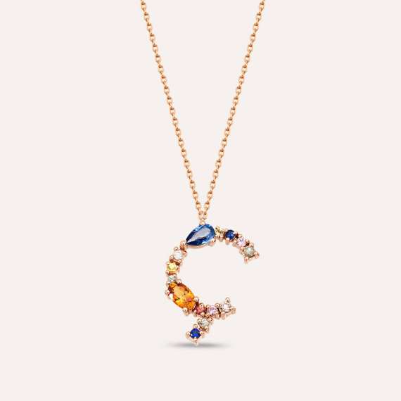 0.89 CT Brown Pırlanta ve Multicolor Safir Taşlı Ç Harf Kolye - 2