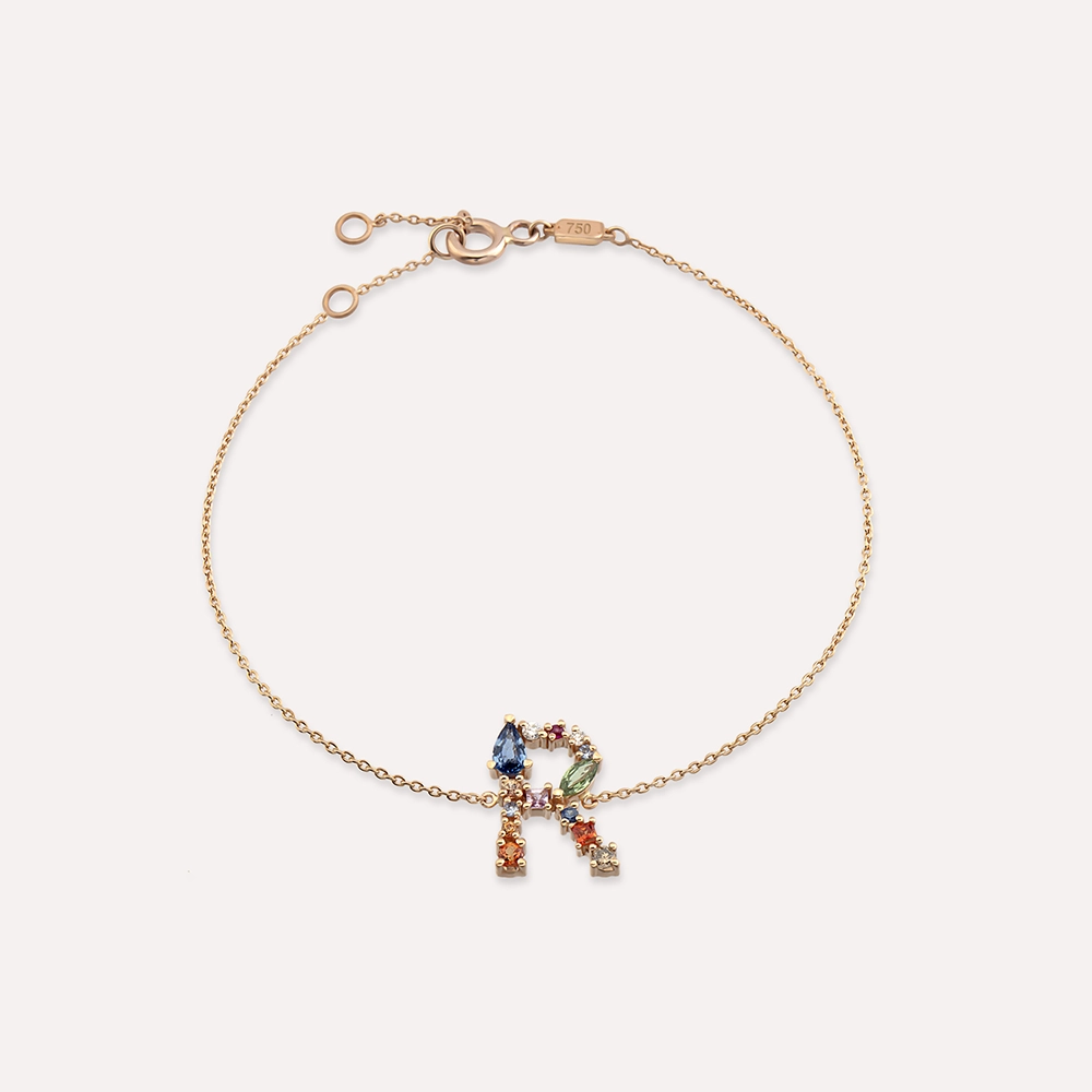 0.82 CT Brown Diamond and Multicolor Sapphire Rose Gold R Letter Bracelet - 2