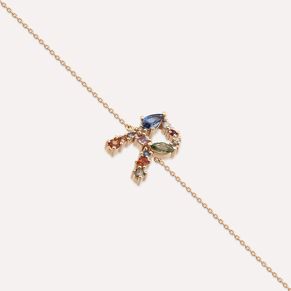 0.82 CT Brown Diamond and Multicolor Sapphire Rose Gold R Letter Bracelet - 3