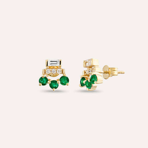 0.83 CT Baguette Cut Diamond and Emerald Yellow Gold Earring - 1