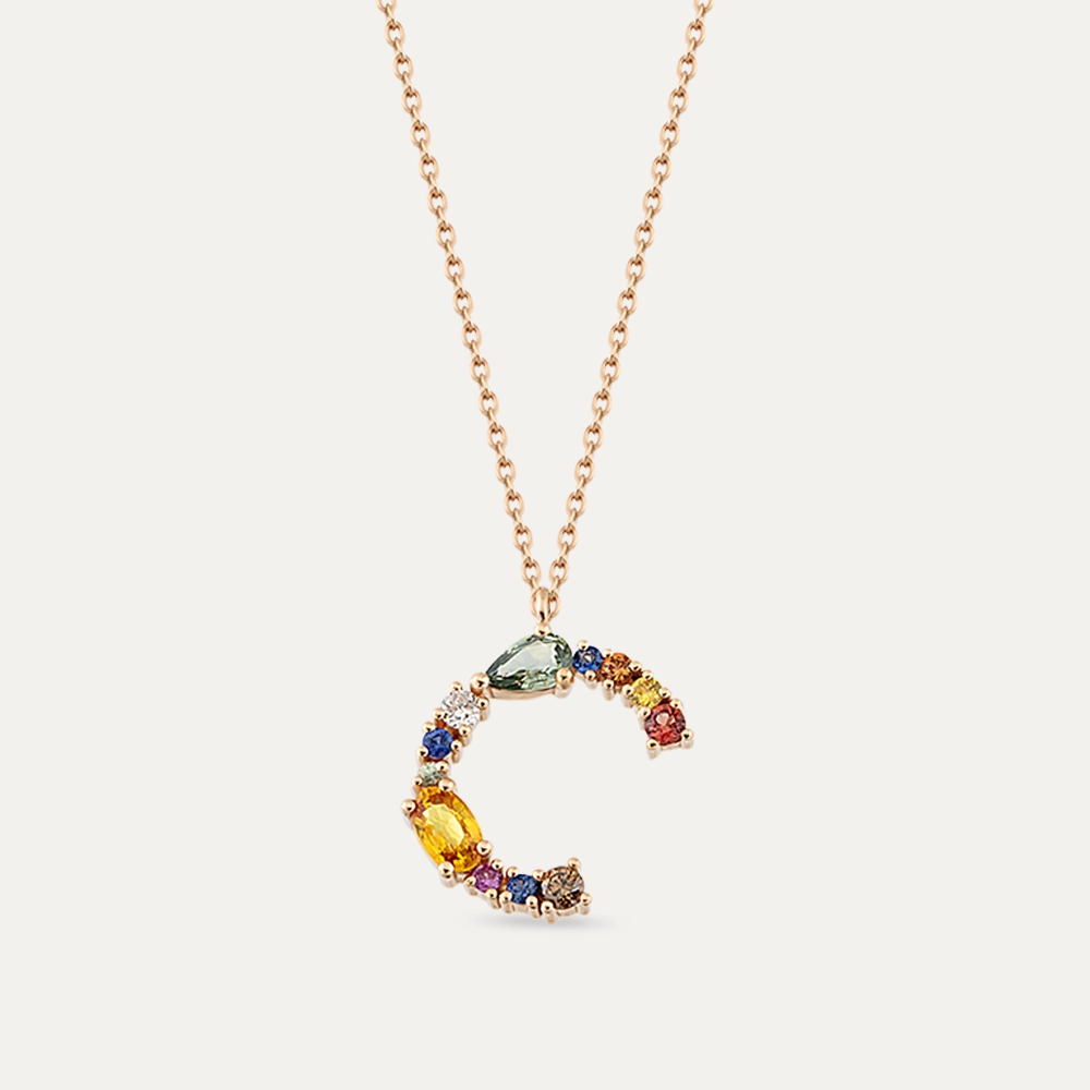0.96 CT Brown Pırlanta ve Multicolor Safir Taşlı C Harf Kolye - 1