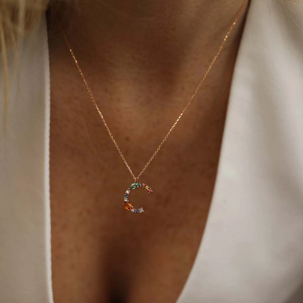 0.96 CT Brown Pırlanta ve Multicolor Safir Taşlı C Harf Kolye - 2