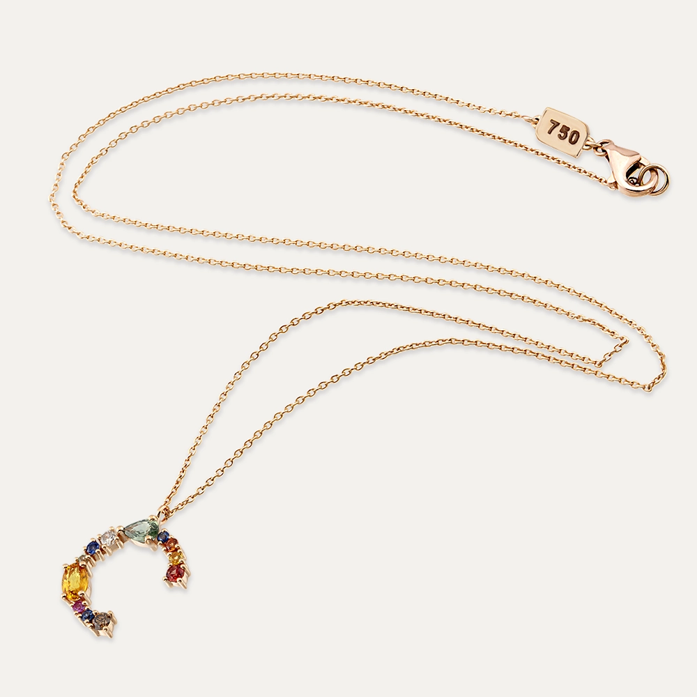 0.96 CT Brown Pırlanta ve Multicolor Safir Taşlı C Harf Kolye - 3