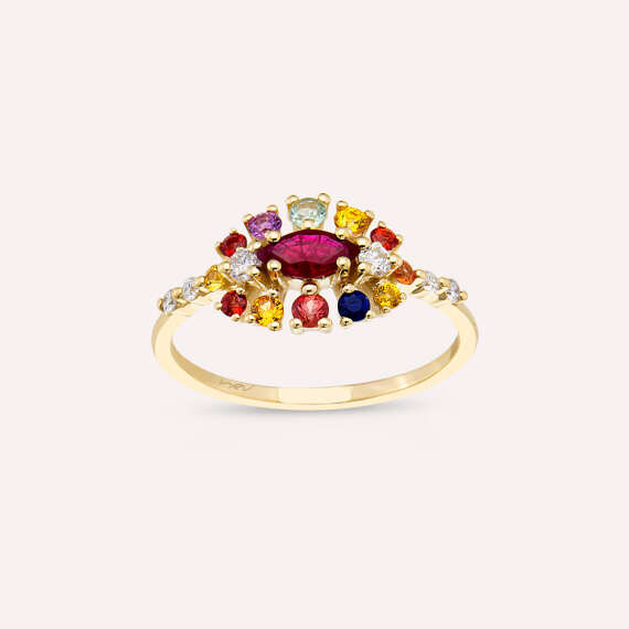 0.83 CT Multicolor Sapphire, Ruby and Diamond Yellow Gold Ring - 1