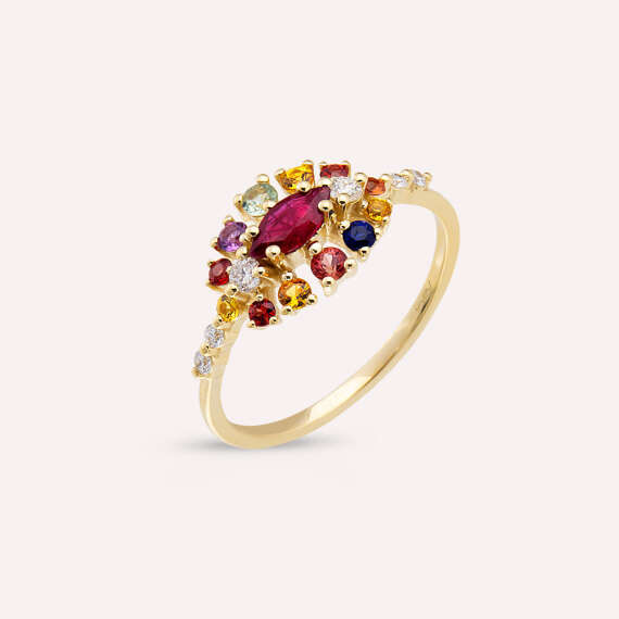 0.83 CT Multicolor Sapphire, Ruby and Diamond Yellow Gold Ring - 3