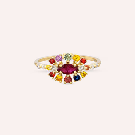 0.83 CT Multicolor Sapphire, Ruby and Diamond Yellow Gold Ring - 4