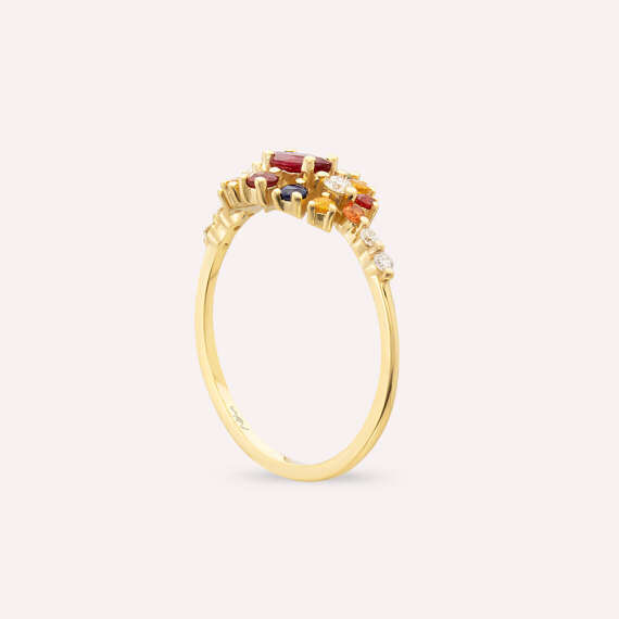 0.83 CT Multicolor Sapphire, Ruby and Diamond Yellow Gold Ring - 5