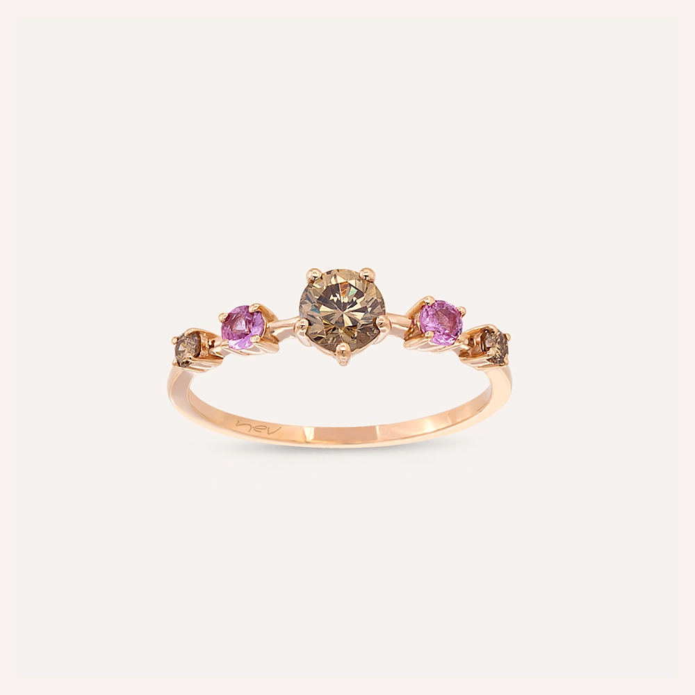 0.84 CT Brown Diamond and Pink Sapphire Rose Gold Ring - 1