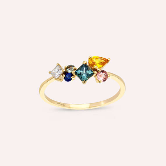 0.84 CT Multicolor Sapphire and Diamond Yellow Gold Ring - 1