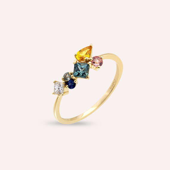 0.84 CT Multicolor Sapphire and Diamond Yellow Gold Ring - 3