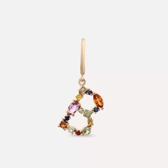 0.85 CT Multicolor Sapphire and Brown Diamond B Letter Single Earring - 1
