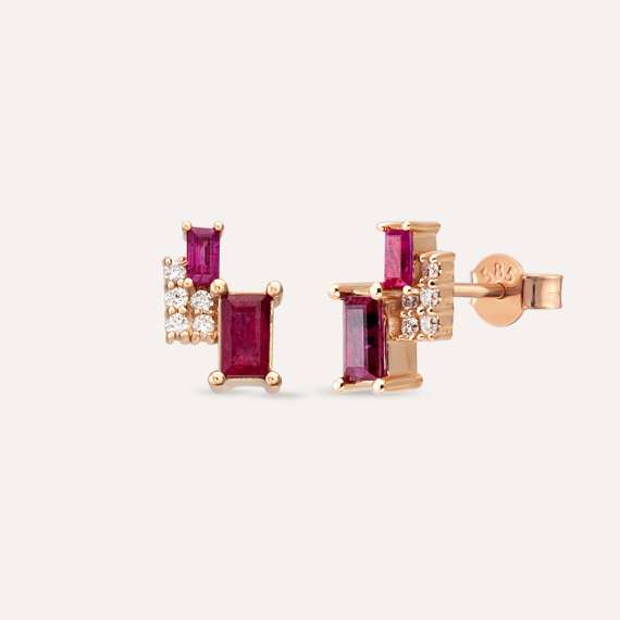 0.80 CT Baguette Cut Ruby Rose Gold Earring - 3