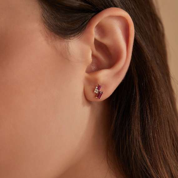 0.80 CT Baguette Cut Ruby Rose Gold Earring - 2