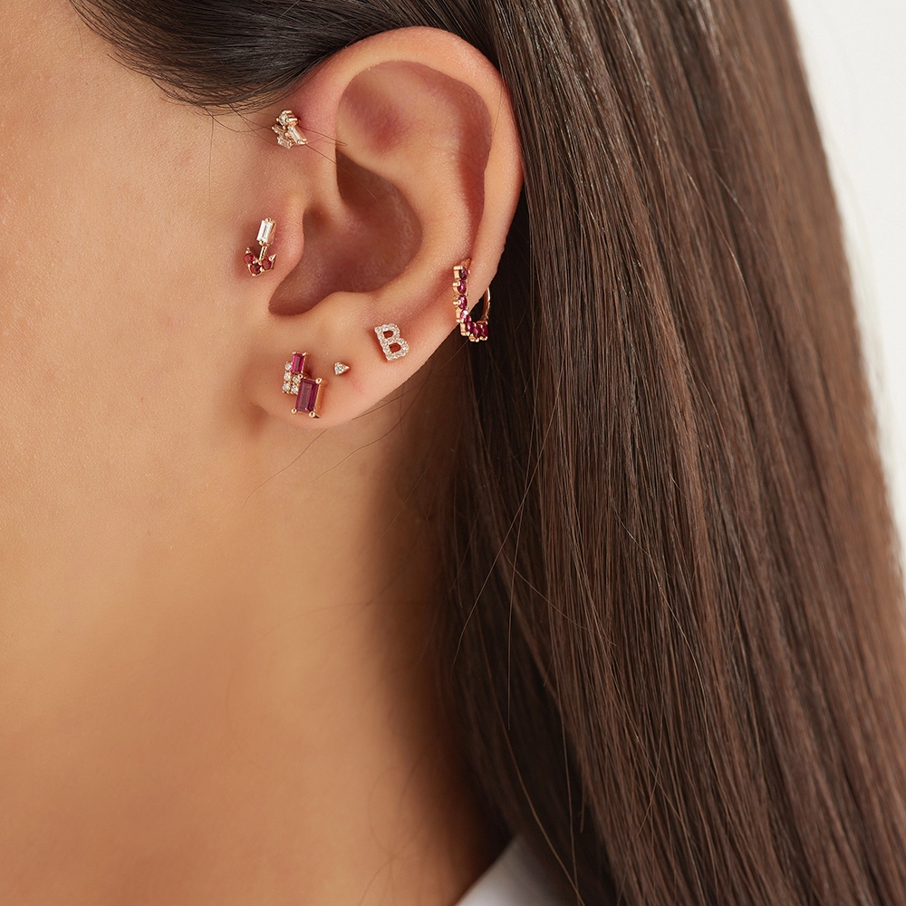 0.87 CT Baguette Cut Ruby Rose Gold Earring - 5