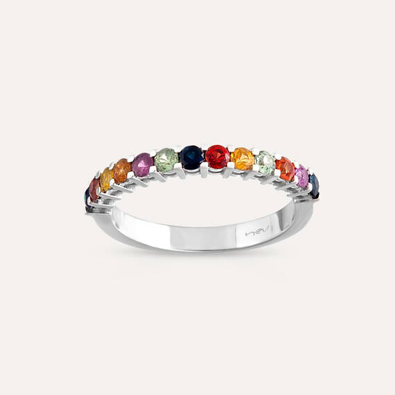 0.86 CT Multicolor Sapphire White Gold Half Eternity Ring - 3