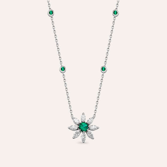 0.87 CT Marquise Cut Diamond and Emerald White Gold Necklace - 1