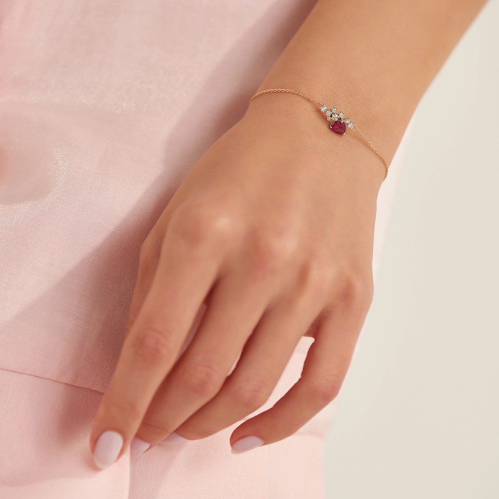 Zoya 0.87 CT Red Safir ve Pırlanta Taşlı Rose Altın Bileklik - 2