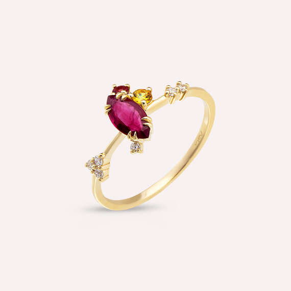 0.75 CT Ruby and Multicolor Sapphire Yellow Gold Ring - 4