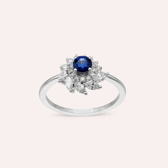 0.88 CT Safir ve Pırlanta Taşlı Beyaz Altın Yüzük - 1