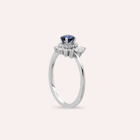 0.88 CT Safir ve Pırlanta Taşlı Beyaz Altın Yüzük - 6