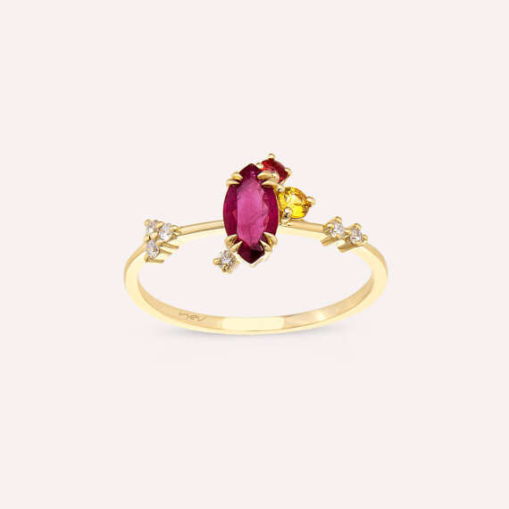 0.75 CT Yakut ve Multicolor Safir Taşlı Sarı Altın Yüzük - 1