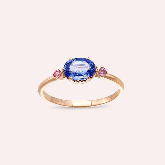 0.89 CT Blue ve Pink Safir Taşlı Rose Altın Yüzük - 1