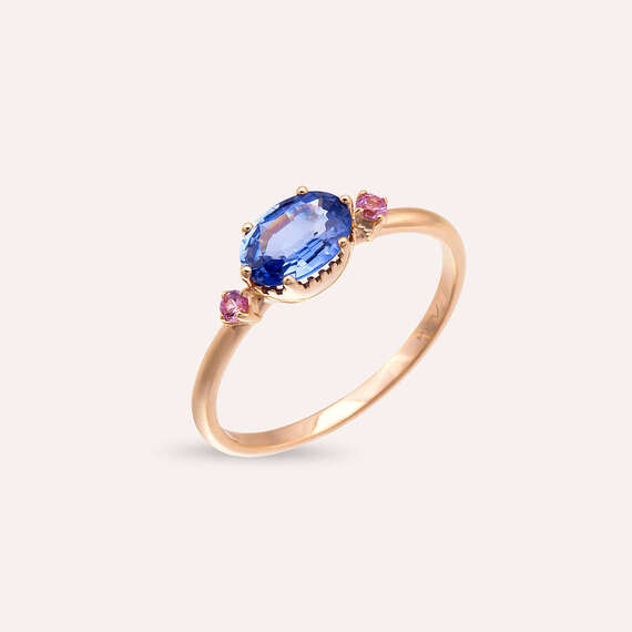 0.89 CT Blue ve Pink Safir Taşlı Rose Altın Yüzük - 3