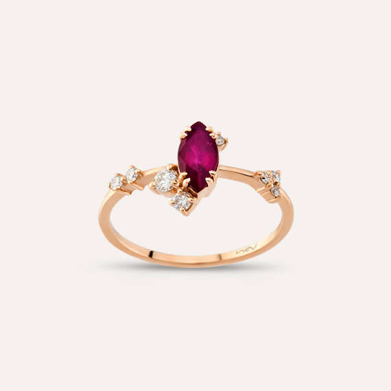 0.90 CT Marquise Cut Diamond Ruby and Diamond Rose Gold Ring - 3