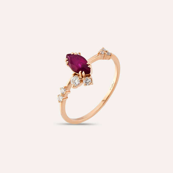 0.90 CT Marquise Cut Diamond Ruby and Diamond Rose Gold Ring - 1